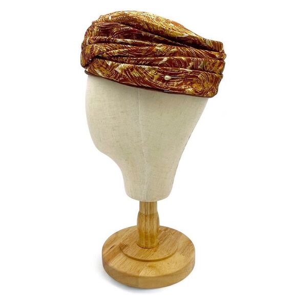 Vintage Valerie Modes Draped Turban Pillbox Hat – Metallic Gold & Bronze Brocade - Picture 5 of 16